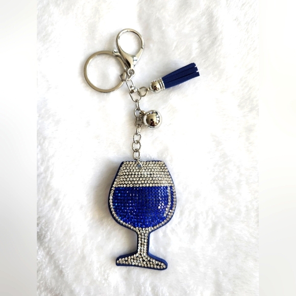 Wine Glass Blue and Silver Rhinestone Keychain Bag Charm - Picture 1 of 3